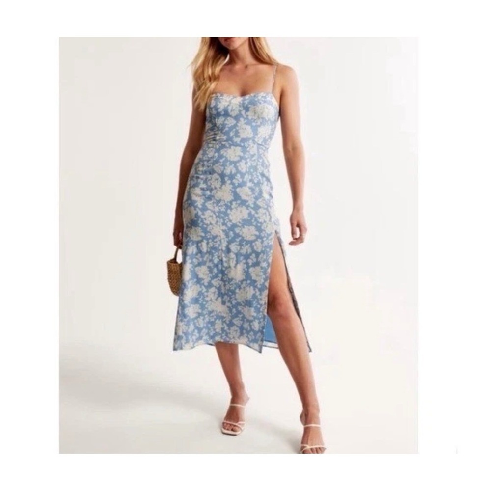 Abercrombie & Fitch Camille Midi Dress Blue Floral Smocked Slit Women Large Tall